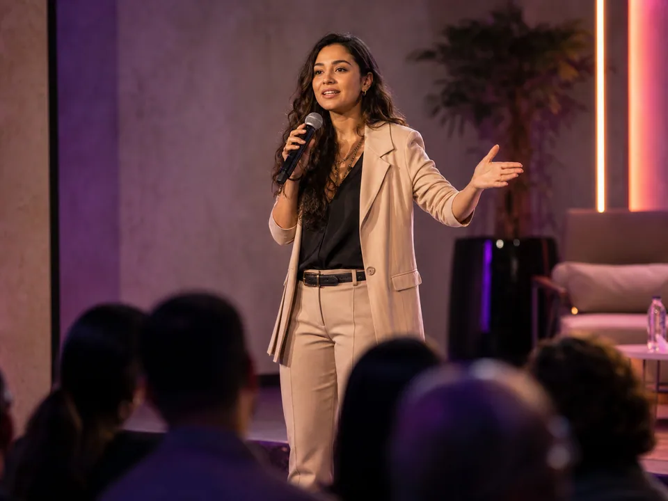 Profissional apresentando no palco com microfone