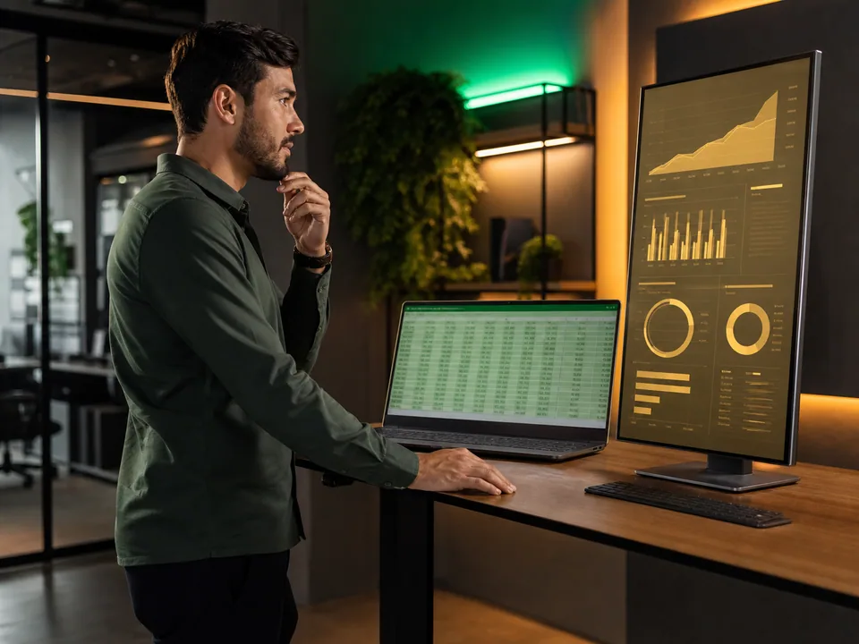 Analista comparando planilhas e dashboards em monitores diferentes