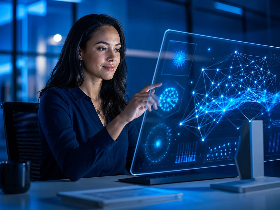 Profissional interagindo com recursos visuais de inteligência artificial
