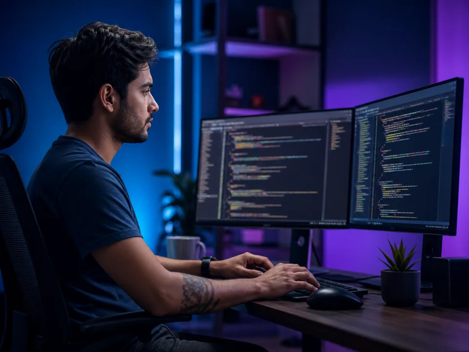 Programador trabalhando com código em dois monitores