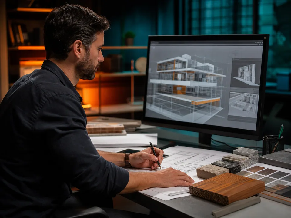 Projetista trabalhando com desenho técnico e modelo tridimensional